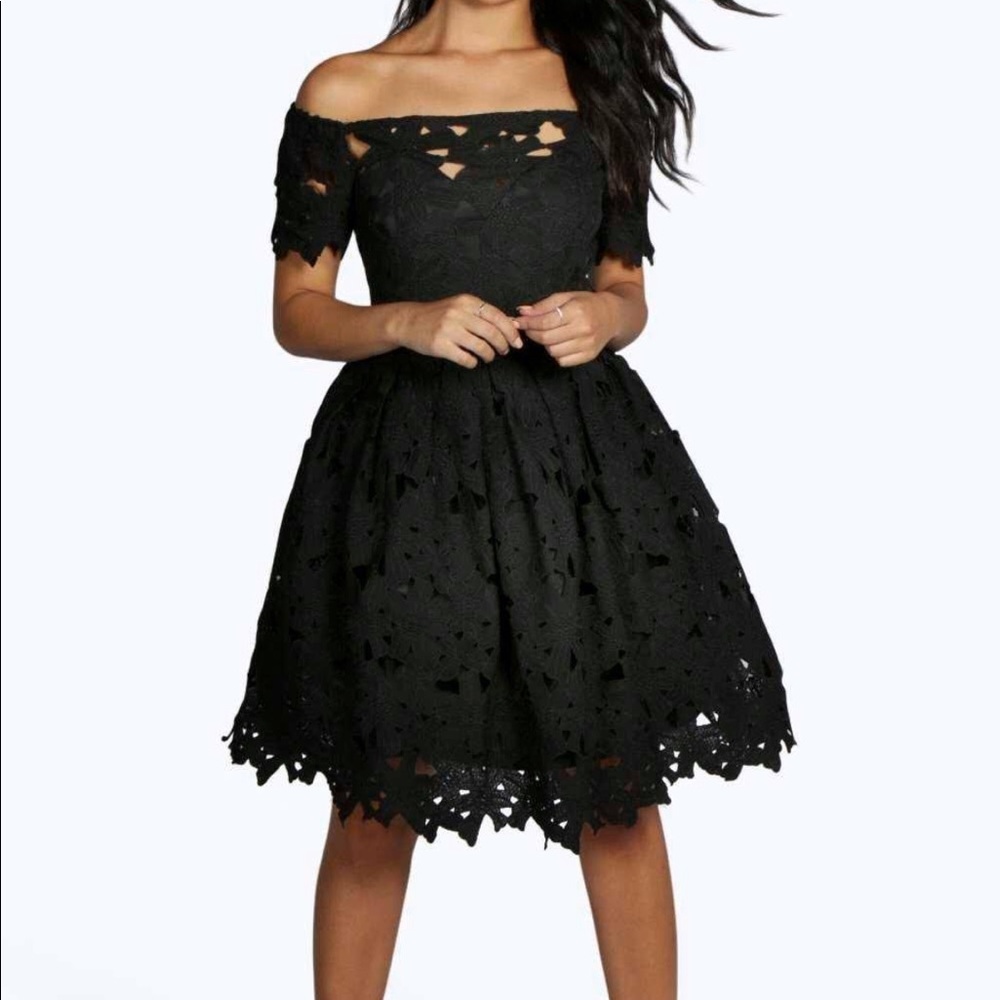 Black off the shoulder lace cocktail dress